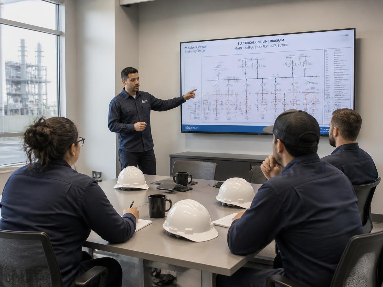 Instructor leading a competency training session for facility technicians in front of an electrical one-line diagram